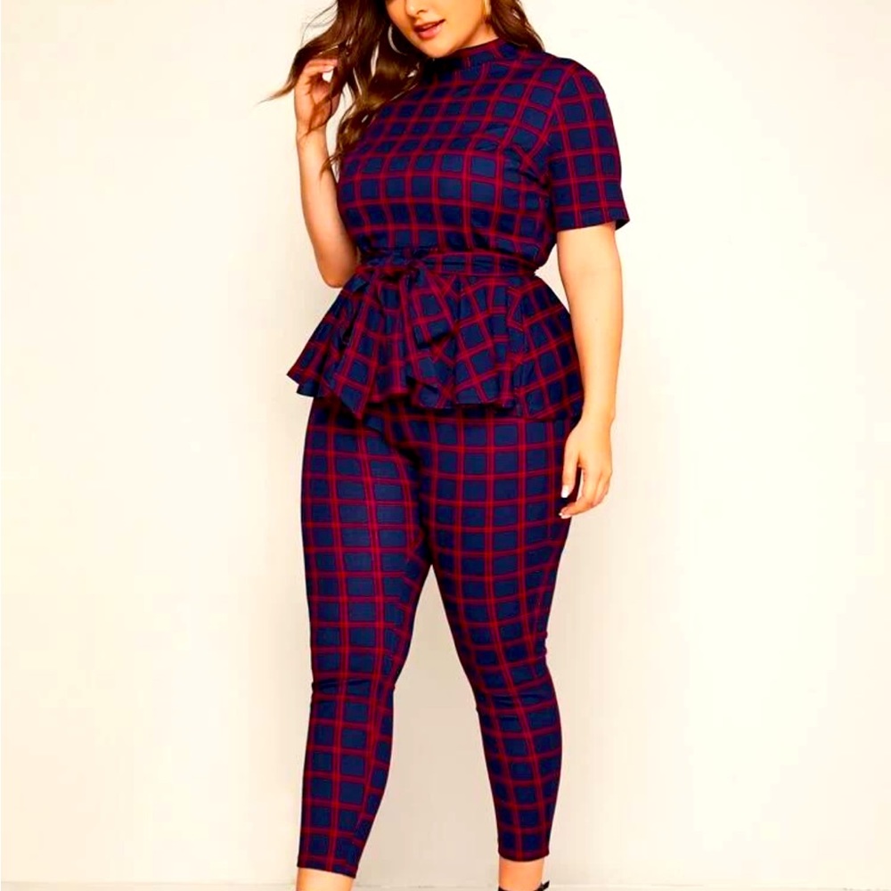 SHEIN Plus Mock-Neck Belted Plaid Peplum Top & Leggings Set 2XL NWOT